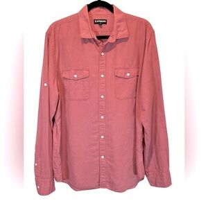 A113 Express Men’s Red Linen Blend Button Down Shirt Sz L Long Sleeve